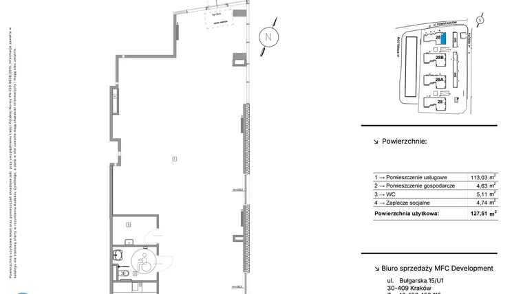 Rzut - Lokal użytkowy na sprzedaż 1 pokój o powierzchni 127,51 m² - numer U.3 w Strzelców 28