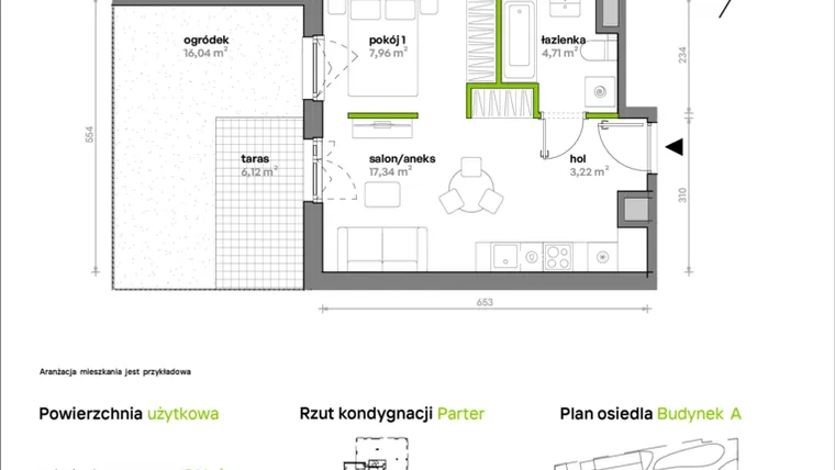 Rzut - Mieszkanie na sprzedaż 1 pokój o powierzchni 33,23 m² - numer A/A1/001 w Sosnowa Vita