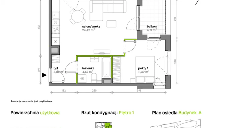 Rzut - Mieszkanie na sprzedaż 2 pokoje o powierzchni 44,34 m² - numer A/A1/007 w Sosnowa Vita