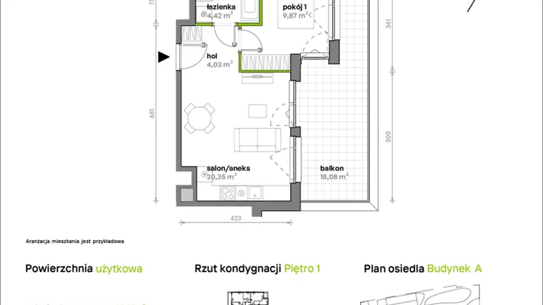 Rzut - Mieszkanie na sprzedaż 2 pokoje o powierzchni 38,67 m² - numer A/A1/009 w Sosnowa Vita