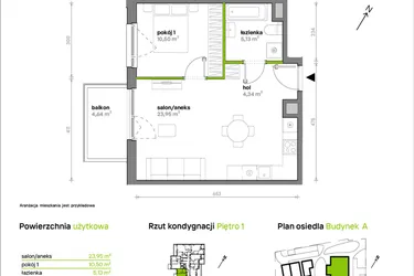 Rzut - Mieszkanie na sprzedaż 2 pokoje o powierzchni 43,92 m² - numer A/A1/004 w Sosnowa Vita