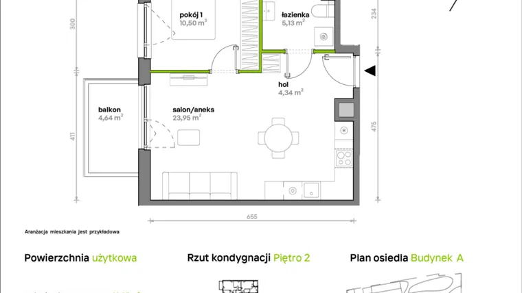 Rzut - Mieszkanie na sprzedaż 2 pokoje o powierzchni 43,92 m² - numer A/A1/011 w Sosnowa Vita