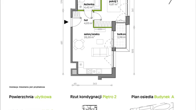 Rzut - Mieszkanie na sprzedaż 2 pokoje o powierzchni 38,67 m² - numer A/A1/016 w Sosnowa Vita