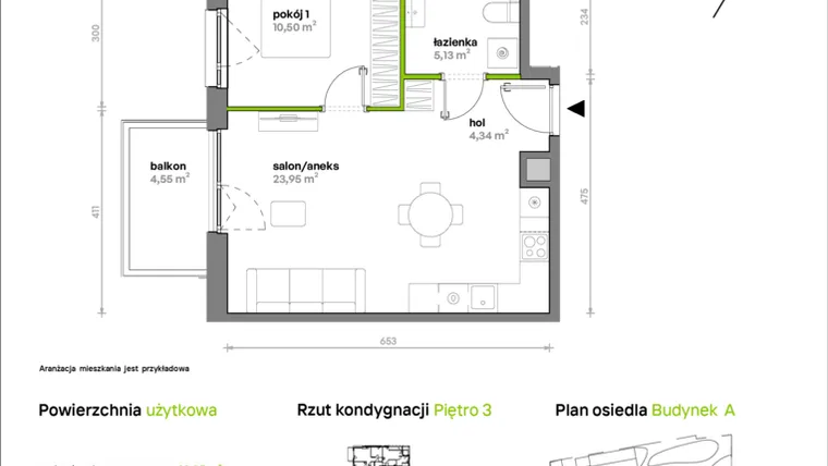 Rzut - Mieszkanie na sprzedaż 2 pokoje o powierzchni 43,92 m² - numer A/A1/018 w Sosnowa Vita