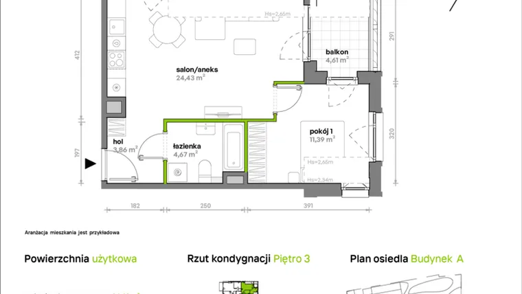Rzut - Mieszkanie na sprzedaż 2 pokoje o powierzchni 44,35 m² - numer A/A1/021 w Sosnowa Vita