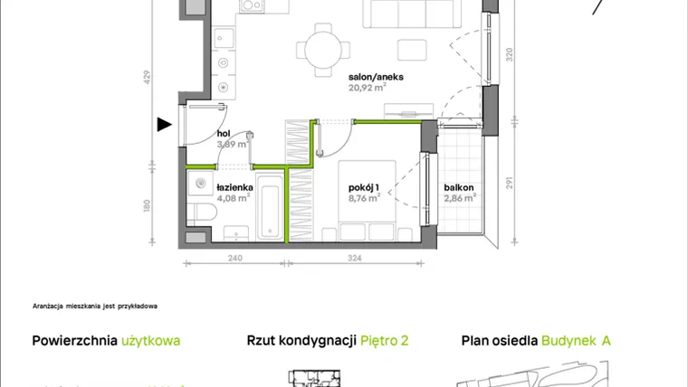 Rzut - Mieszkanie na sprzedaż 2 pokoje o powierzchni 37,65 m² - numer A/A1/015 w Sosnowa Vita