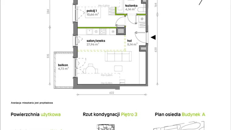 Rzut - Mieszkanie na sprzedaż 2 pokoje o powierzchni 47,9 m² - numer A/A1/019 w Sosnowa Vita
