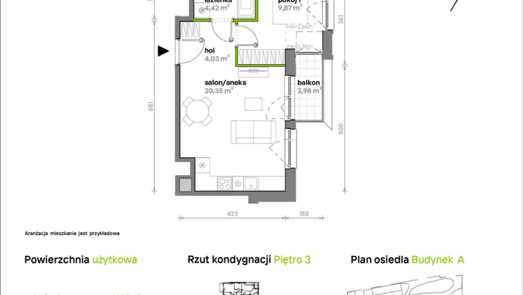 Rzut - Mieszkanie na sprzedaż 2 pokoje o powierzchni 38,67 m² - numer A/A1/023 w Sosnowa Vita