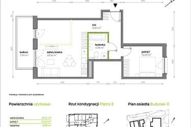 Rzut - Mieszkanie na sprzedaż 1 pokój o powierzchni 54 m² - numer E/E1/145 w Sosnowa Vita