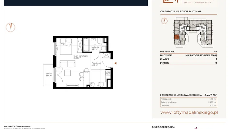 Rzut - Mieszkanie na sprzedaż 1 pokój o powierzchni 34,27 m² - numer A4 w Lofty Madalińskiego