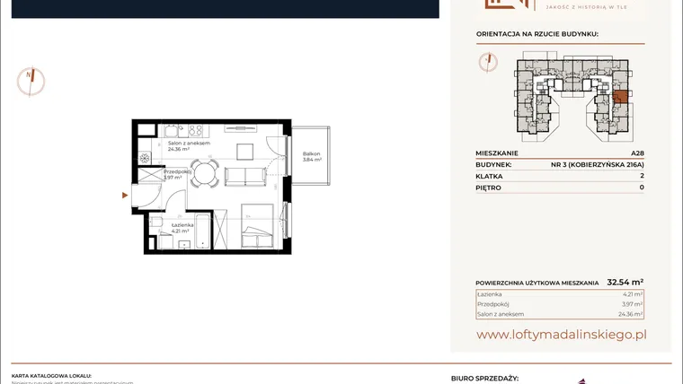 Rzut - Mieszkanie na sprzedaż 1 pokój o powierzchni 32,54 m² - numer A28 w Lofty Madalińskiego