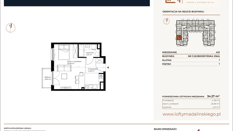 Rzut - Mieszkanie na sprzedaż 1 pokój o powierzchni 34,27 m² - numer A12 w Lofty Madalińskiego