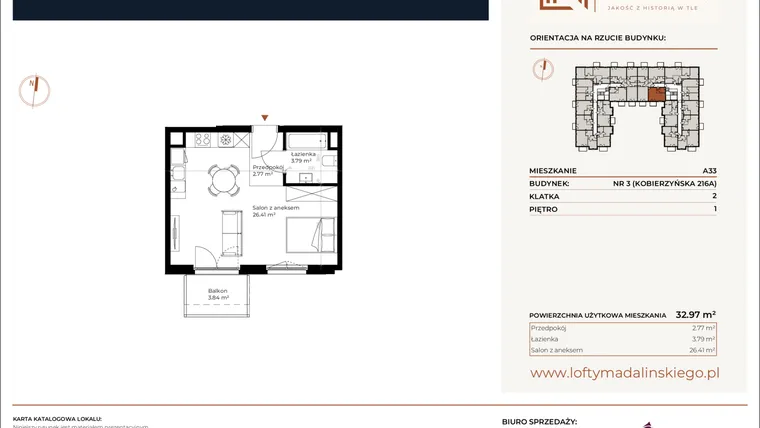 Rzut - Mieszkanie na sprzedaż 1 pokój o powierzchni 32,97 m² - numer A33 w Lofty Madalińskiego