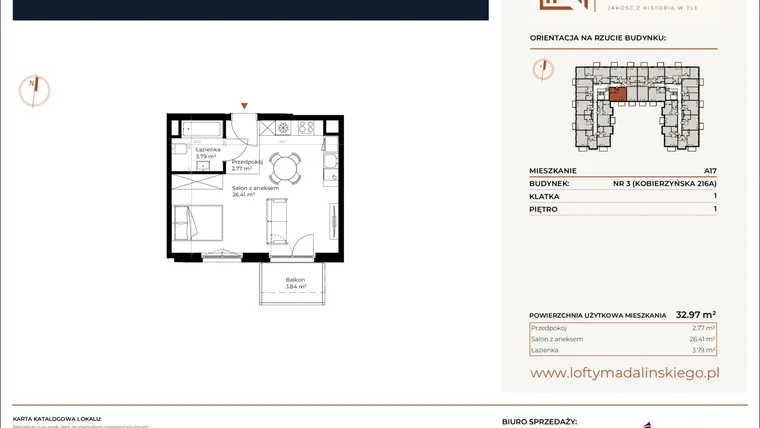Rzut - Mieszkanie na sprzedaż 1 pokój o powierzchni 32,97 m² - numer A17 w Lofty Madalińskiego