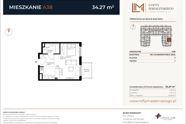 Rzut - Mieszkanie na sprzedaż 1 pokój o powierzchni 34,27 m² - numer A38 w Lofty Madalińskiego