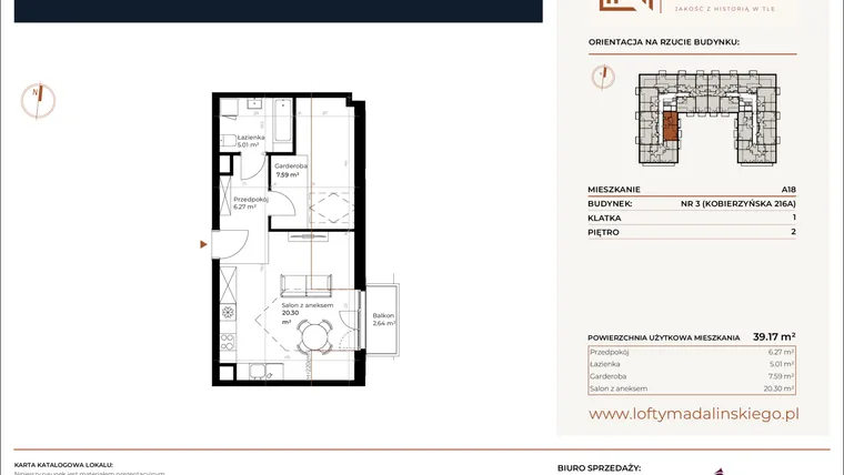 Rzut - Mieszkanie na sprzedaż 1 pokój o powierzchni 39,17 m² - numer A18 w Lofty Madalińskiego
