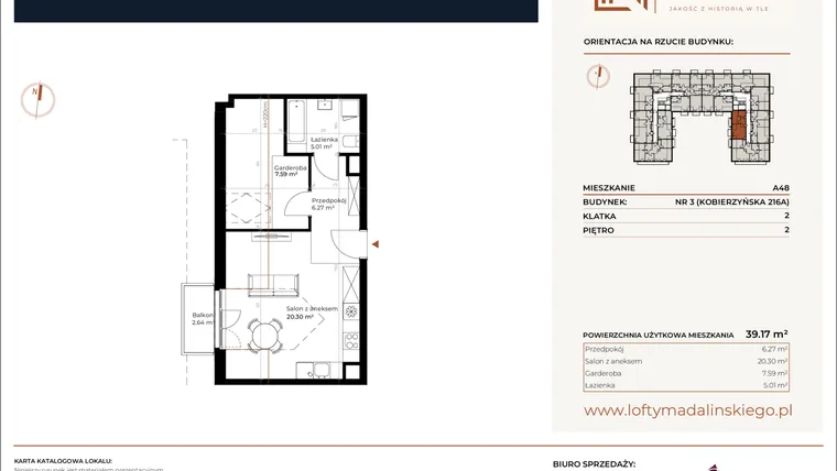 Rzut - Mieszkanie na sprzedaż 1 pokój o powierzchni 39,17 m² - numer A48 w Lofty Madalińskiego