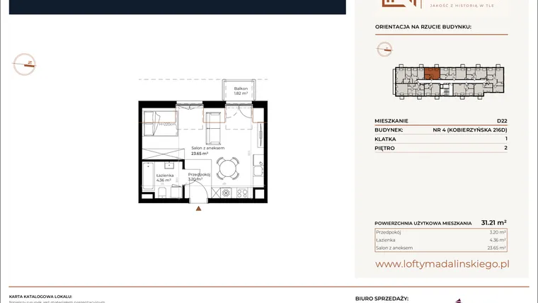 Rzut - Mieszkanie na sprzedaż 1 pokój o powierzchni 31,21 m² - numer D22 w Lofty Madalińskiego