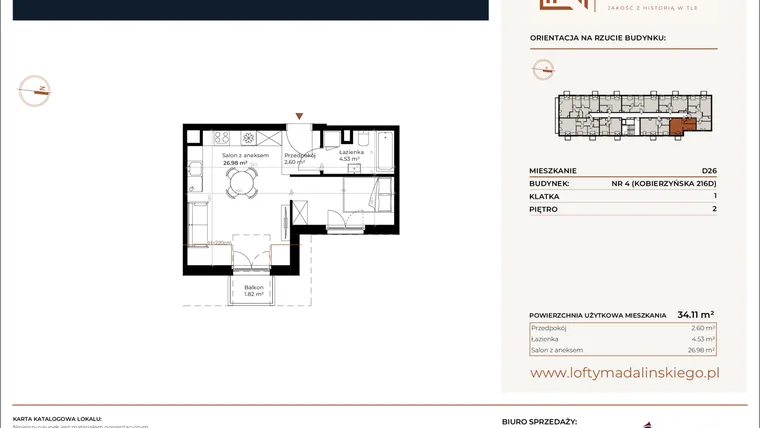 Rzut - Mieszkanie na sprzedaż 1 pokój o powierzchni 34,11 m² - numer D26 w Lofty Madalińskiego
