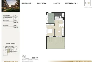 Rzut - Mieszkanie na sprzedaż 2 pokoje o powierzchni 40,89 m² - numer A1 w Urocza 10