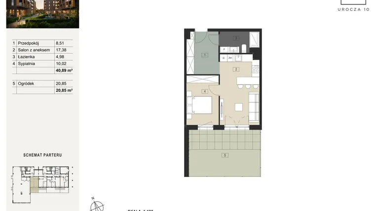 Rzut - Mieszkanie na sprzedaż 2 pokoje o powierzchni 40,89 m² - numer A1 w Urocza 10