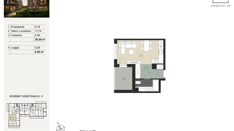 Rzut - Mieszkanie na sprzedaż 1 pokój o powierzchni 28,28 m² - numer A5 w Urocza 10