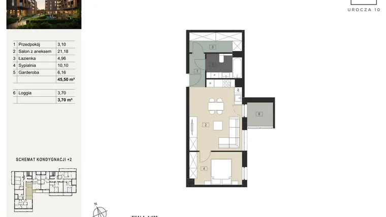 Rzut - Mieszkanie na sprzedaż 2 pokoje o powierzchni 45,5 m² - numer A8 w Urocza 10