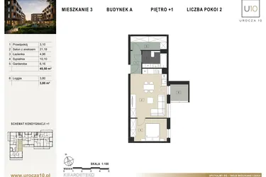 Rzut - Mieszkanie na sprzedaż 2 pokoje o powierzchni 45,5 m² - numer A3 w Urocza 10