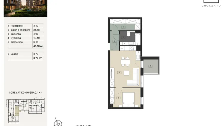 Rzut - Mieszkanie na sprzedaż 2 pokoje o powierzchni 45,5 m² - numer A13 w Urocza 10