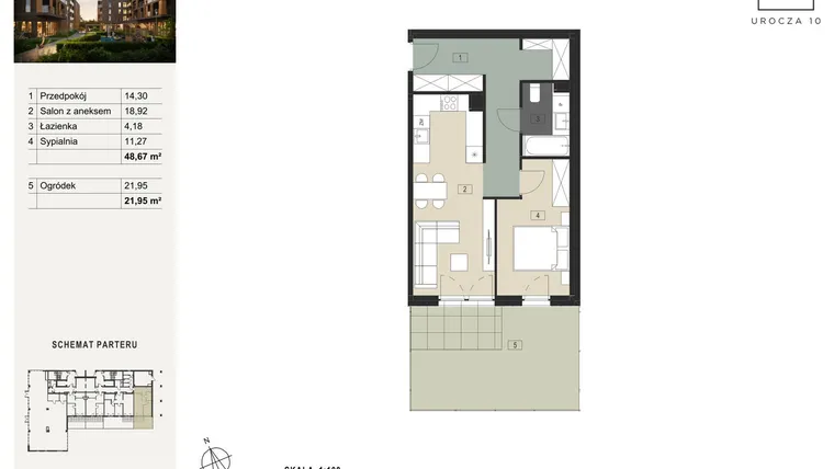 Rzut - Mieszkanie na sprzedaż 2 pokoje o powierzchni 48,67 m² - numer A19 w Urocza 10