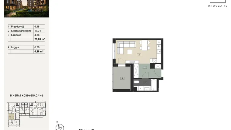 Rzut - Mieszkanie na sprzedaż 1 pokój o powierzchni 28,28 m² - numer A10 w Urocza 10