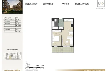 Rzut - Mieszkanie na sprzedaż 2 pokoje o powierzchni 40,77 m² - numer B1 w Urocza 10