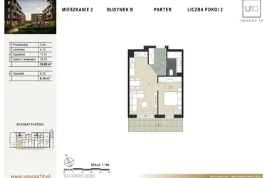 Rzut - Mieszkanie na sprzedaż 2 pokoje o powierzchni 39,88 m² - numer B2 w Urocza 10