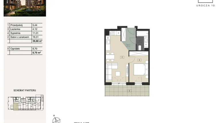 Rzut - Mieszkanie na sprzedaż 2 pokoje o powierzchni 39,88 m² - numer B2 w Urocza 10