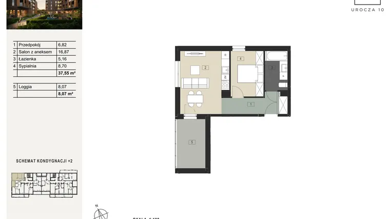 Rzut - Mieszkanie na sprzedaż 2 pokoje o powierzchni 37,55 m² - numer B10 w Urocza 10