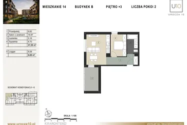 Rzut - Mieszkanie na sprzedaż 2 pokoje o powierzchni 37,55 m² - numer B14 w Urocza 10