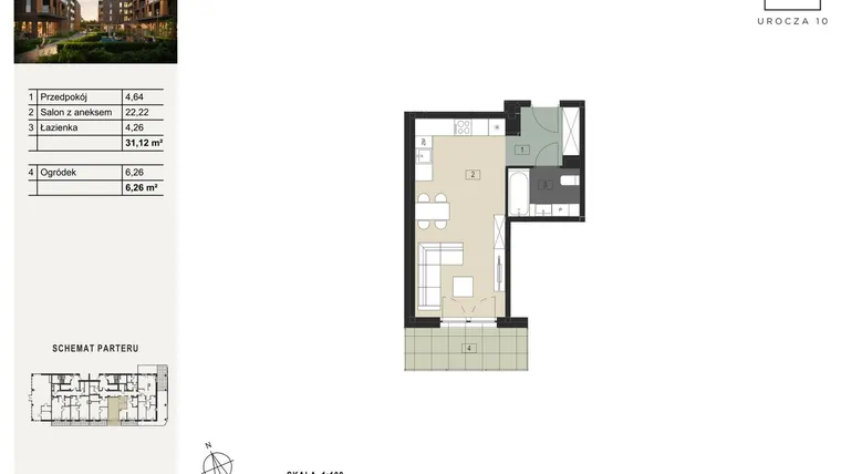 Rzut - Mieszkanie na sprzedaż 1 pokój o powierzchni 31,12 m² - numer B16 w Urocza 10