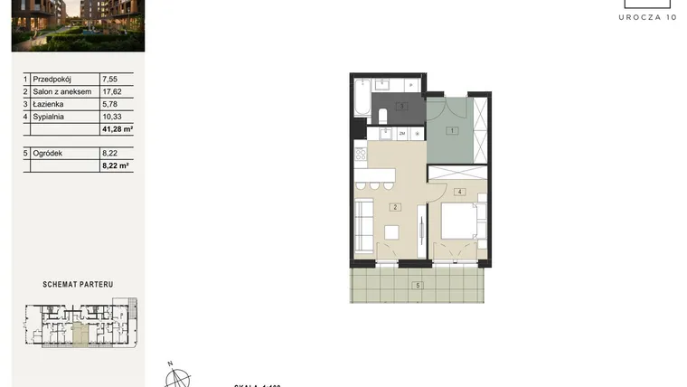 Rzut - Mieszkanie na sprzedaż 2 pokoje o powierzchni 41,28 m² - numer B15 w Urocza 10