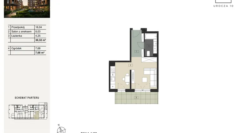 Rzut - Mieszkanie na sprzedaż 1 pokój o powierzchni 30,32 m² - numer B17 w Urocza 10