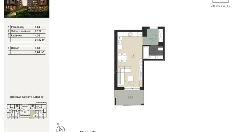 Rzut - Mieszkanie na sprzedaż 1 pokój o powierzchni 31,12 m² - numer B25 w Urocza 10