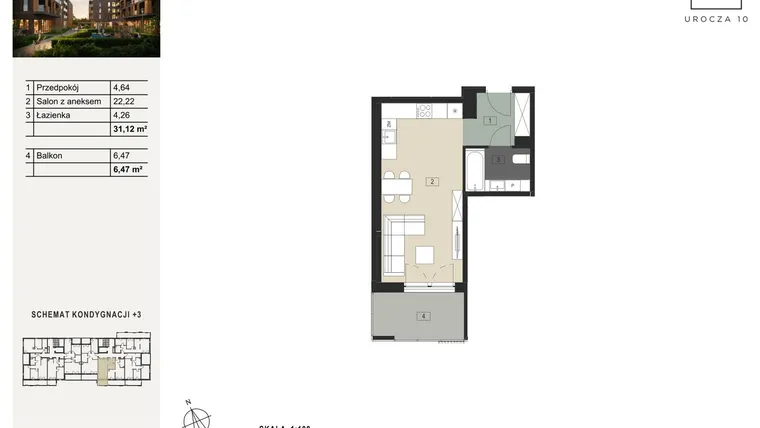 Rzut - Mieszkanie na sprzedaż 1 pokój o powierzchni 31,12 m² - numer B30 w Urocza 10