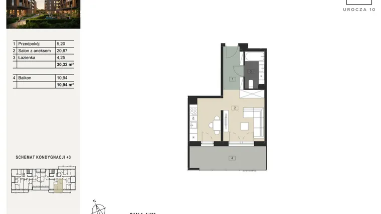 Rzut - Mieszkanie na sprzedaż 1 pokój o powierzchni 30,32 m² - numer B31 w Urocza 10
