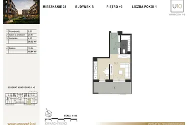 Rzut - Mieszkanie na sprzedaż 1 pokój o powierzchni 30,32 m² - numer B31 w Urocza 10