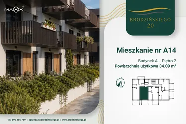 Rzut - Mieszkanie na sprzedaż 1 pokój o powierzchni 34,09 m² - numer A.14 w Brodzińskiego 20