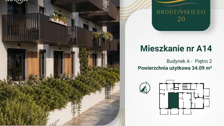 Rzut - Mieszkanie na sprzedaż 1 pokój o powierzchni 34,09 m² - numer A.14 w Brodzińskiego 20