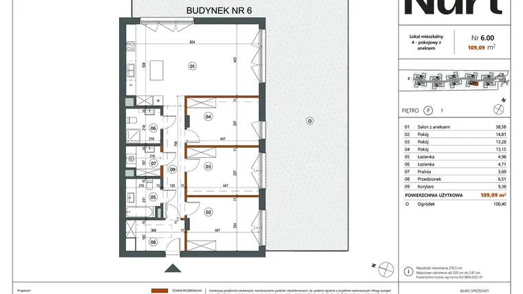 Rzut - Mieszkanie na sprzedaż 4 pokoje o powierzchni 109,09 m² - numer 6.00 w Nurt