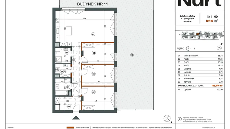 Rzut - Mieszkanie na sprzedaż 4 pokoje o powierzchni 109,09 m² - numer 11.00 w Nurt