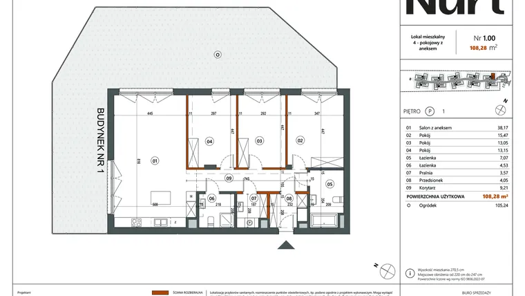 Rzut - Mieszkanie na sprzedaż 4 pokoje o powierzchni 108,28 m² - numer 1.00 w Nurt