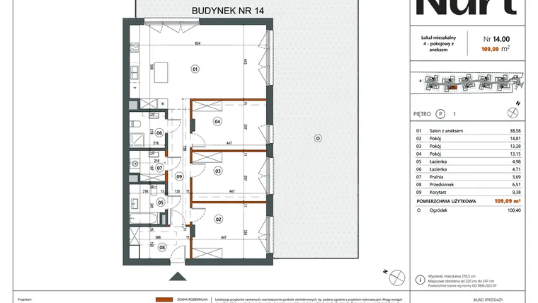Rzut - Mieszkanie na sprzedaż 4 pokoje o powierzchni 109,09 m² - numer 14.00 w Nurt