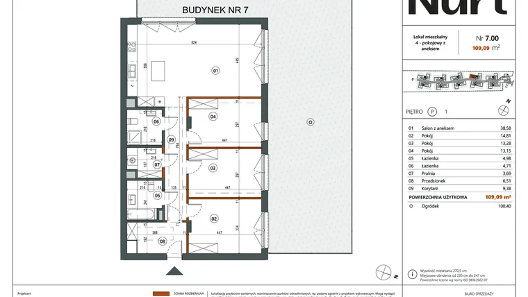 Rzut - Mieszkanie na sprzedaż 4 pokoje o powierzchni 109,09 m² - numer 7.00 w Nurt